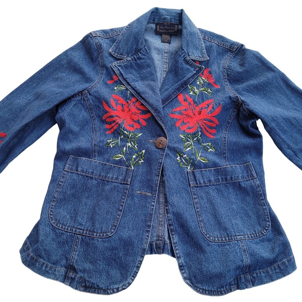 New Direction Blue Jean Jacket Beaded Embroidery Flowers READ